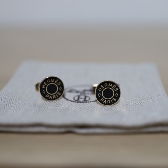 Hermes Licol 2 Cufflinks Black Noir Gold - Picture 1 of 5